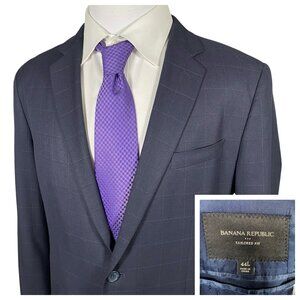 Banana Republic Sport Coat 44L Tailored Fit Navy Windowpane Poly Viscose Blend